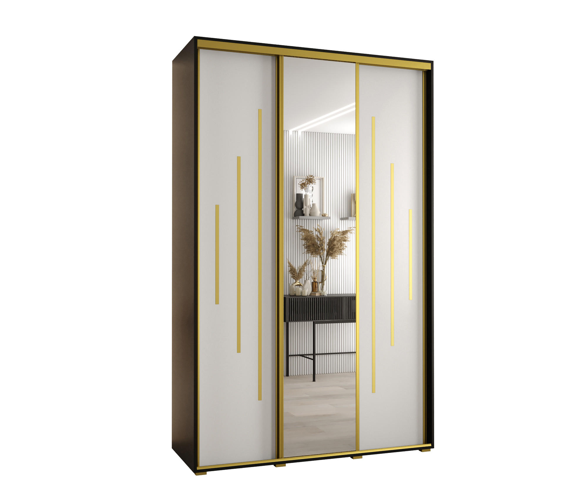 Abiks Möbel Schwebetürenschrank Schwarz, Weiß, Gold 150x235x60 cm