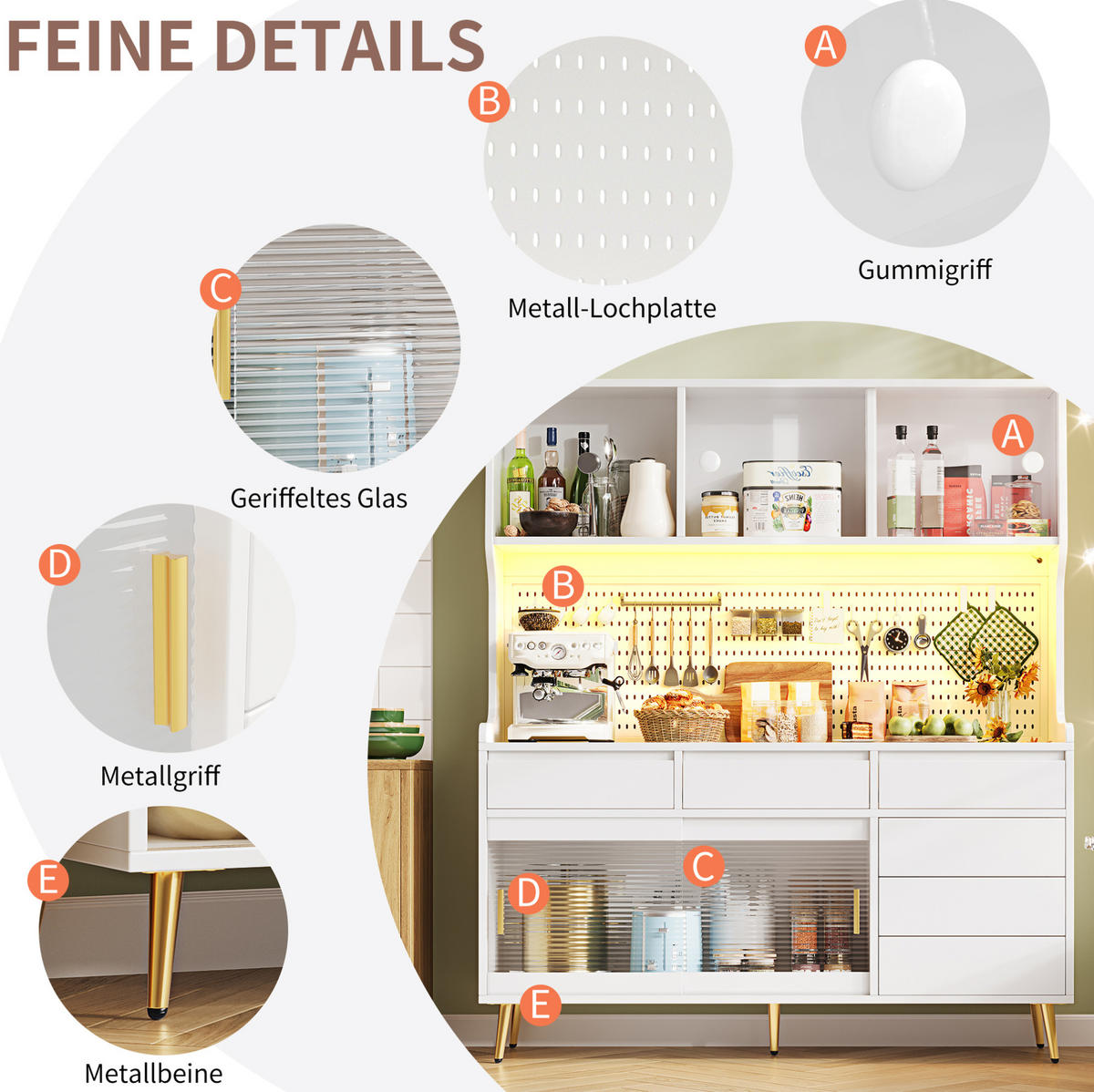 BUFFETSCHRANK 145/39/171 cm mit LED-Beleuchtung, App-Steuerung und Schiebetüren aus MDF und Glas, Weiß - Weiß, Holzwerkstoff (145/171/39cm) - Redom