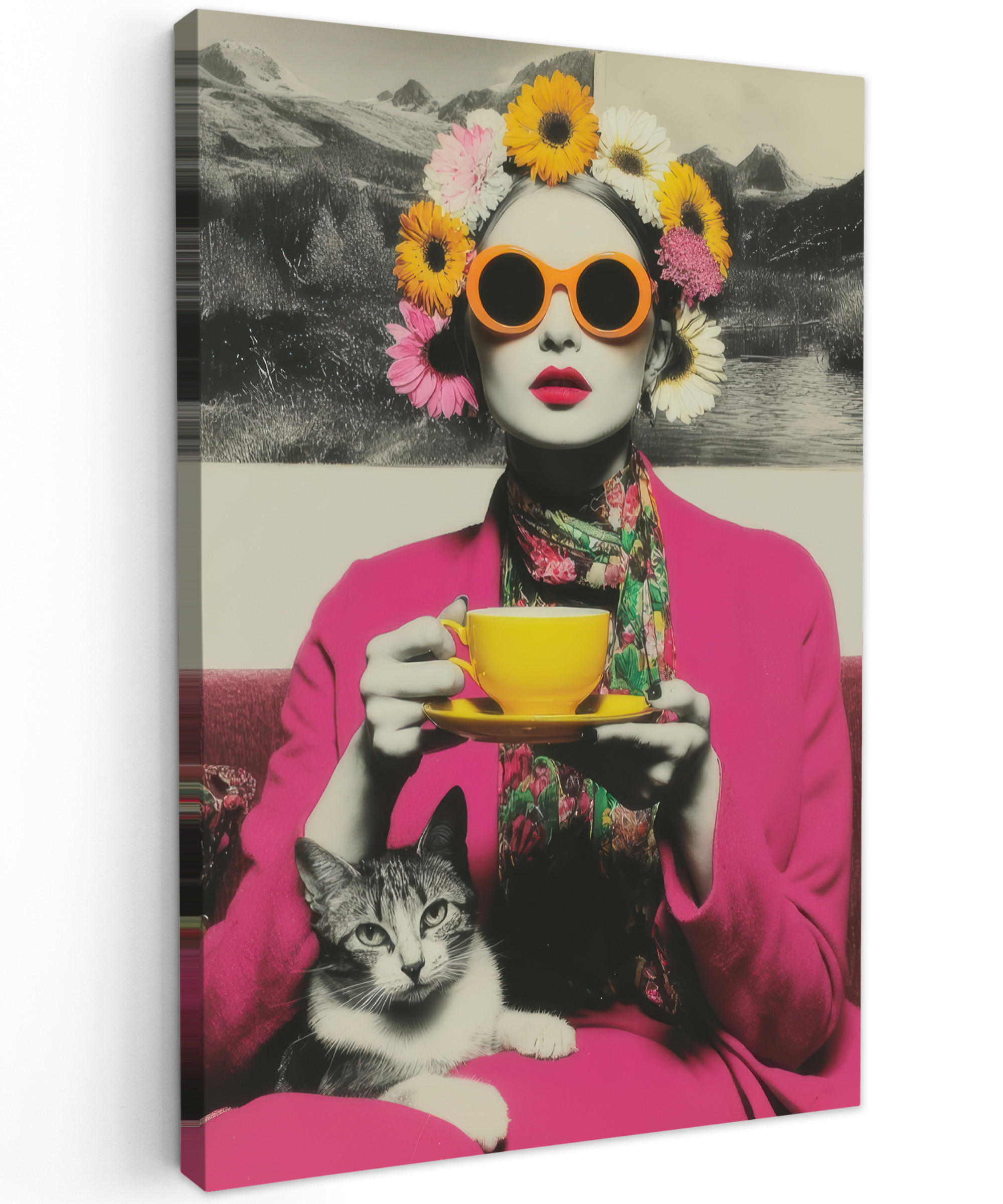 LEINWANDBILD Frau - Katze - Blumen - Tasse - Retro Deko Groß 90x140 cm - Magenta, Textil (90/140cm) - MuchoWow