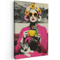 LEINWANDBILD Frau - Katze - Blumen - Tasse - Retro Deko Groß 90x140 cm - Magenta, Textil (90/140cm) - MuchoWow