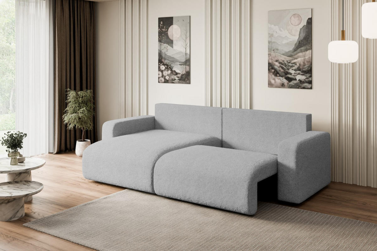 ECKSOFA mit Schlaffunktion und Bettkasten KLEEA-L - 247x143x83 cm Hellgrau Bouclé - Hellgrau/Schwarz, Holzwerkstoff/Kunststoff (247/143cm) - ALTDECOR