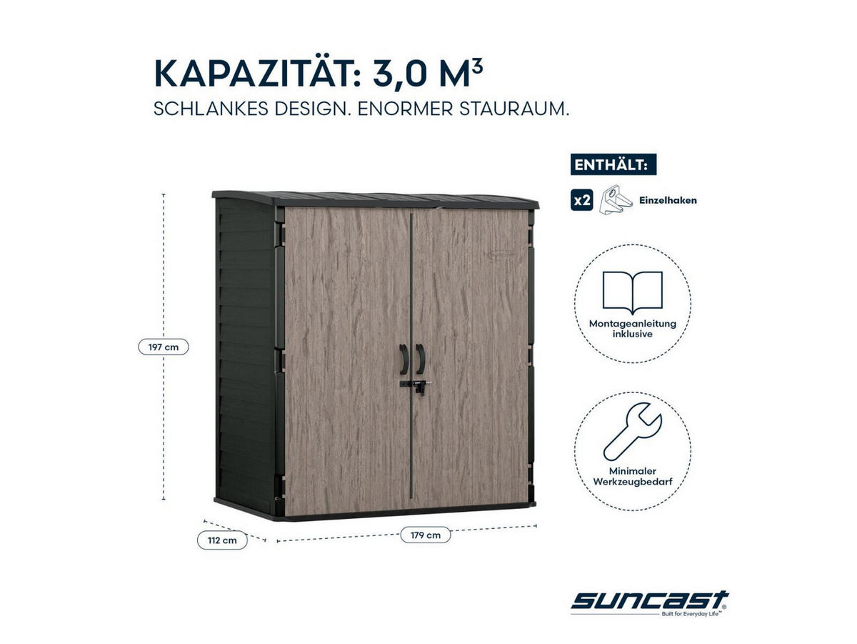 GERÄTESCHRANK 179 x 112 x 197 cm kompakt mit breiter Doppeltür in Holzoptik, 3 m³ Stauraum, anthrazit - Braun, Kunststoff (114/33/197cm) - Suncast