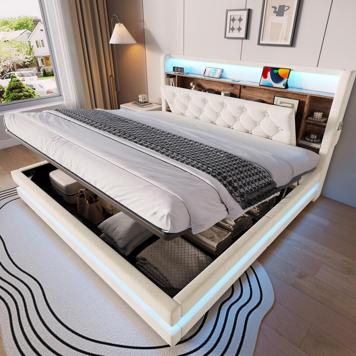 POLSTERBETT 180x200 cm in Beige mit LED-Beleuchtung, Bettkasten und USB-Anschlüssen - Beige, Textil (180/200cm) - IVMEU