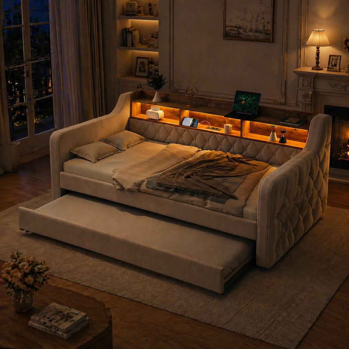 SCHLAFSOFA Beige aus Samt mit Ausziehbett, Stauraum, LED-Beleuchtung und USB-C Ladeanschluss - Beige, Textil (107/75/201cm) - Luhomfu