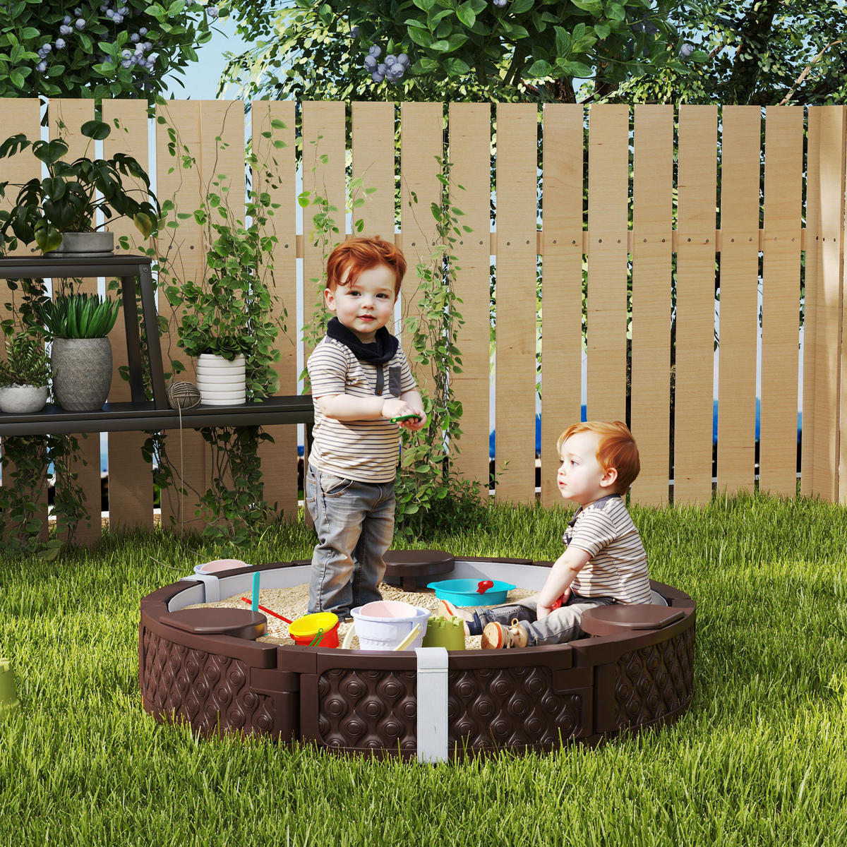 SANDKASTEN Runde Sandkiste für bis zu 3 Kinder, mit 3 Sitzen, Dunkelblau - Braun, Kunststoff (120/120/22cm) - AIYAPLAY