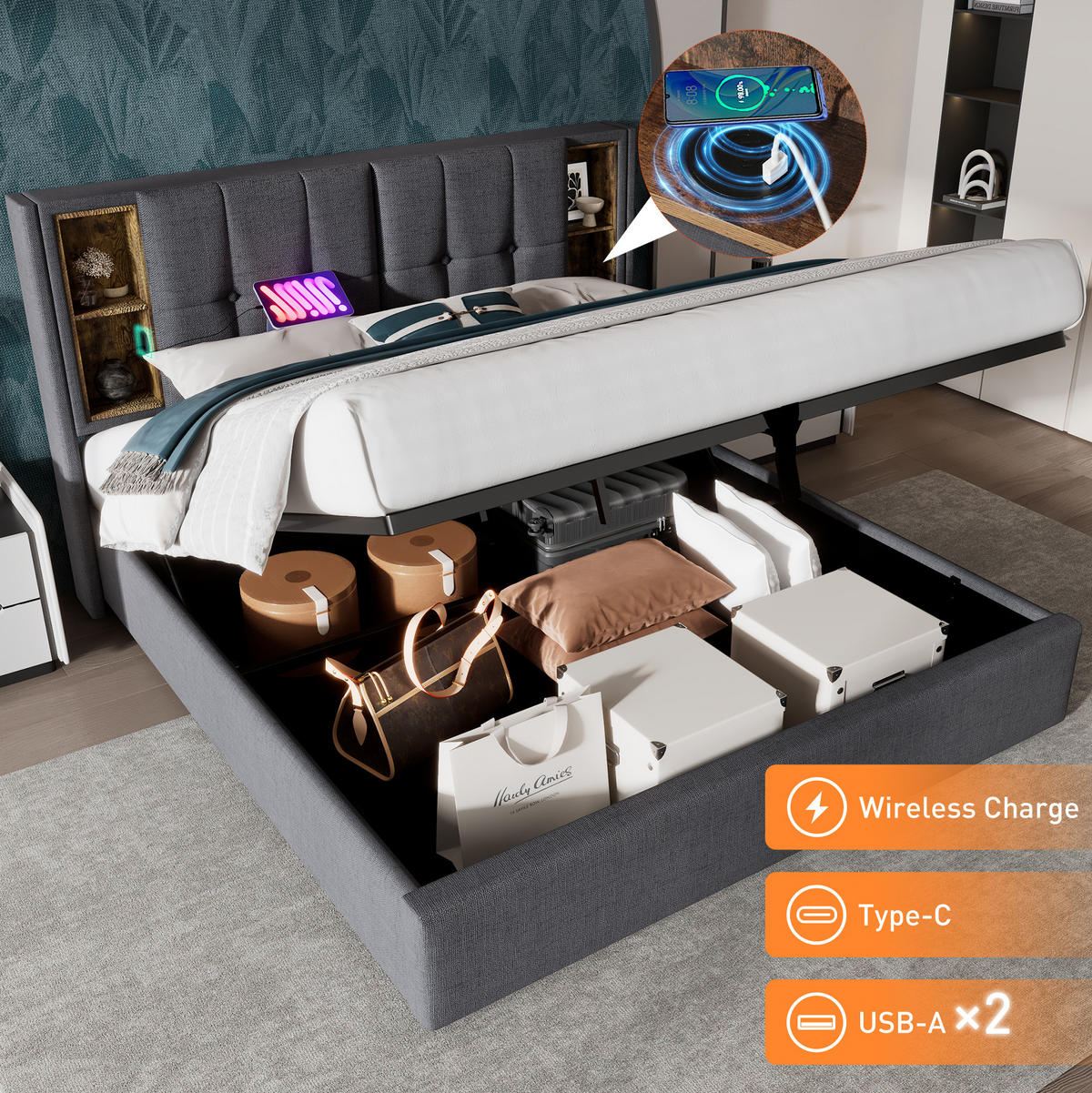 POLSTERBETT 160/200 cm Grau aus Baumwolle mit Stauraum, USB und kabellosem Laden - Grau, Textil (160/200cm) - OKMYHOME