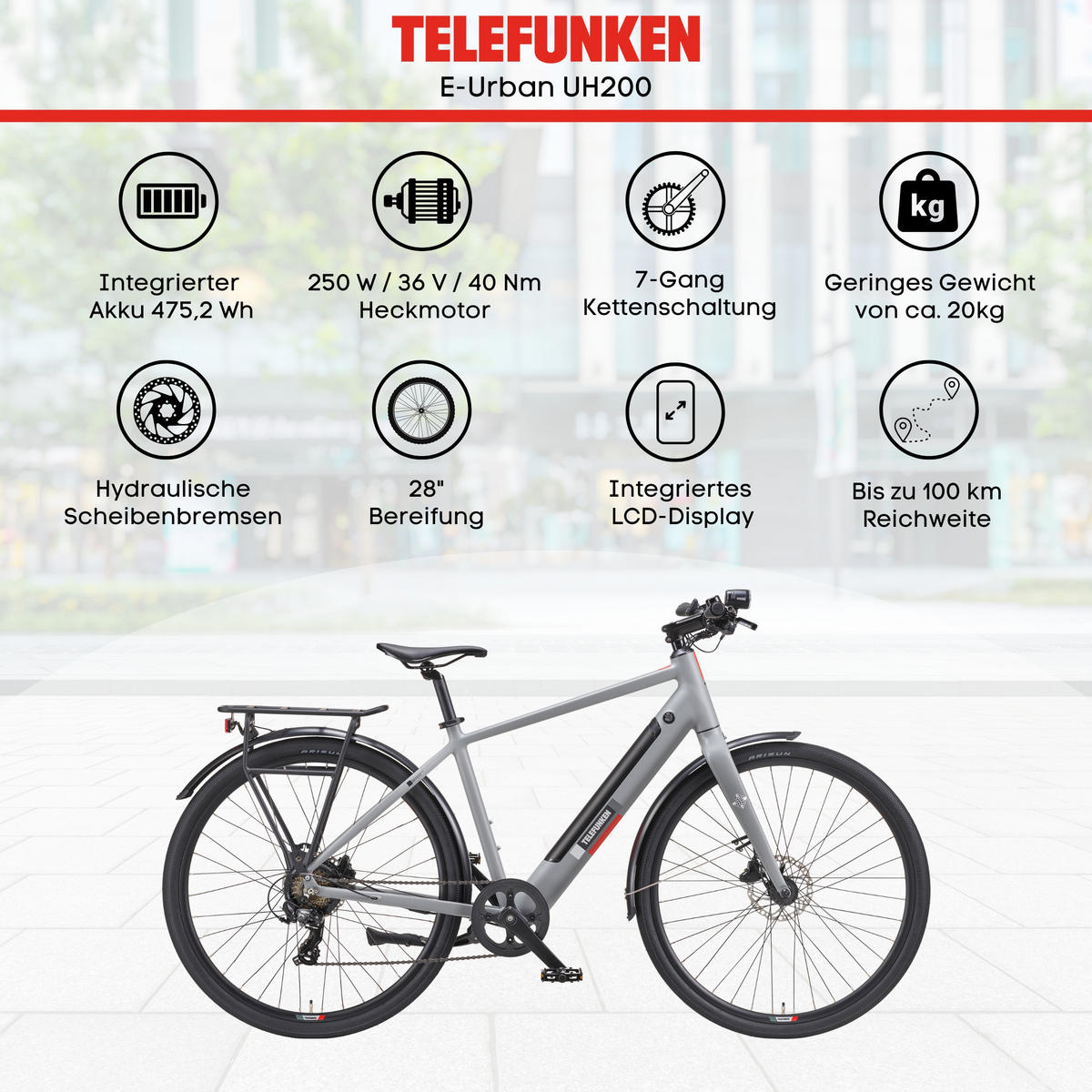 E-BIKE Urban UH200 28 Zoll Pedelec 475,2 Wh Hinterradmotor 7-Gang Kettenschaltung, leicht - Grau, Metall (111.5cm) - Telefunken