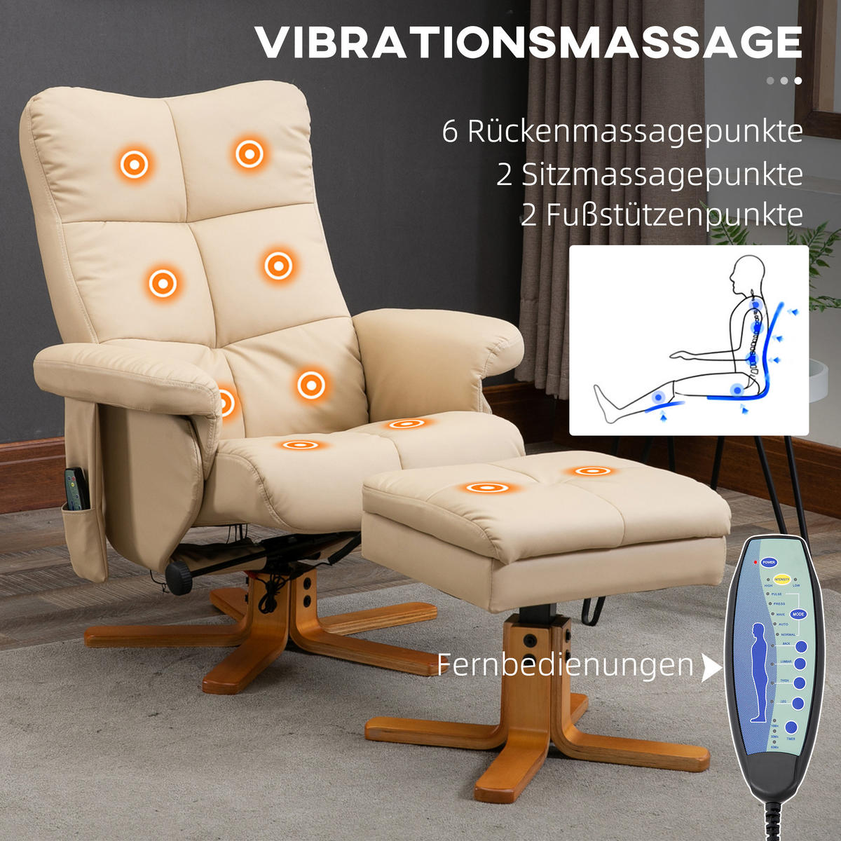 MASSAGESESSEL Creme mit Massagefunktion, Liegefunktion und Hocker 86/80/99 cm - Creme, Leder (86/99/80cm) - PANGIVO