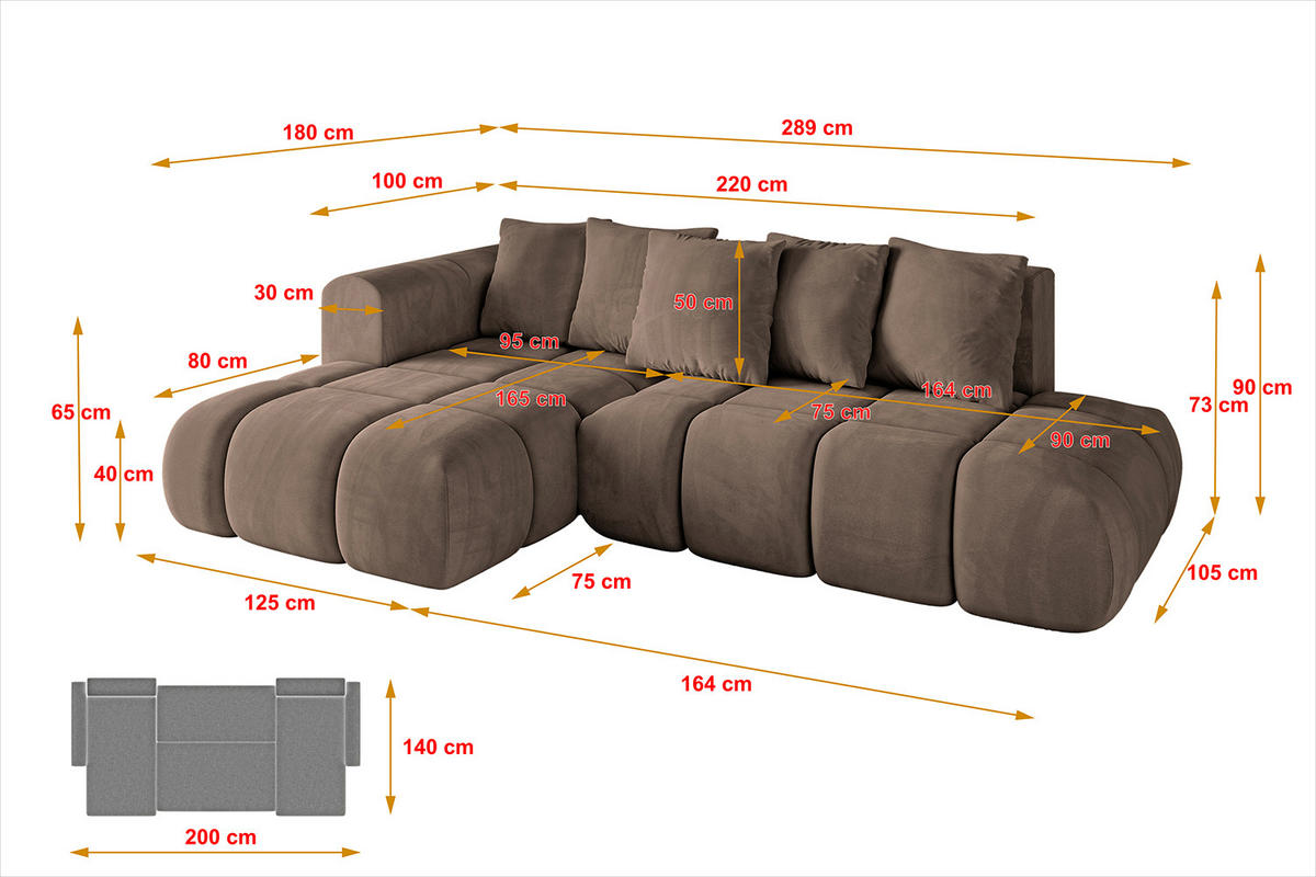 ECKSOFA Ottomane Links CLOUD-L-v1 289x180x40 Braun Velours - Braun, Holzwerkstoff/Kunststoff (180/289cm) - ALTDECOR