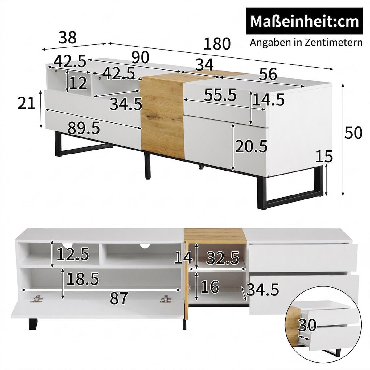 TV-SCHRANK 180/38/50 cm Weiß/Holzoptik mit 2 Schubladen und 2 Türen - Weiß, Holzwerkstoff/Metall (180/50/38cm) - Oxeza