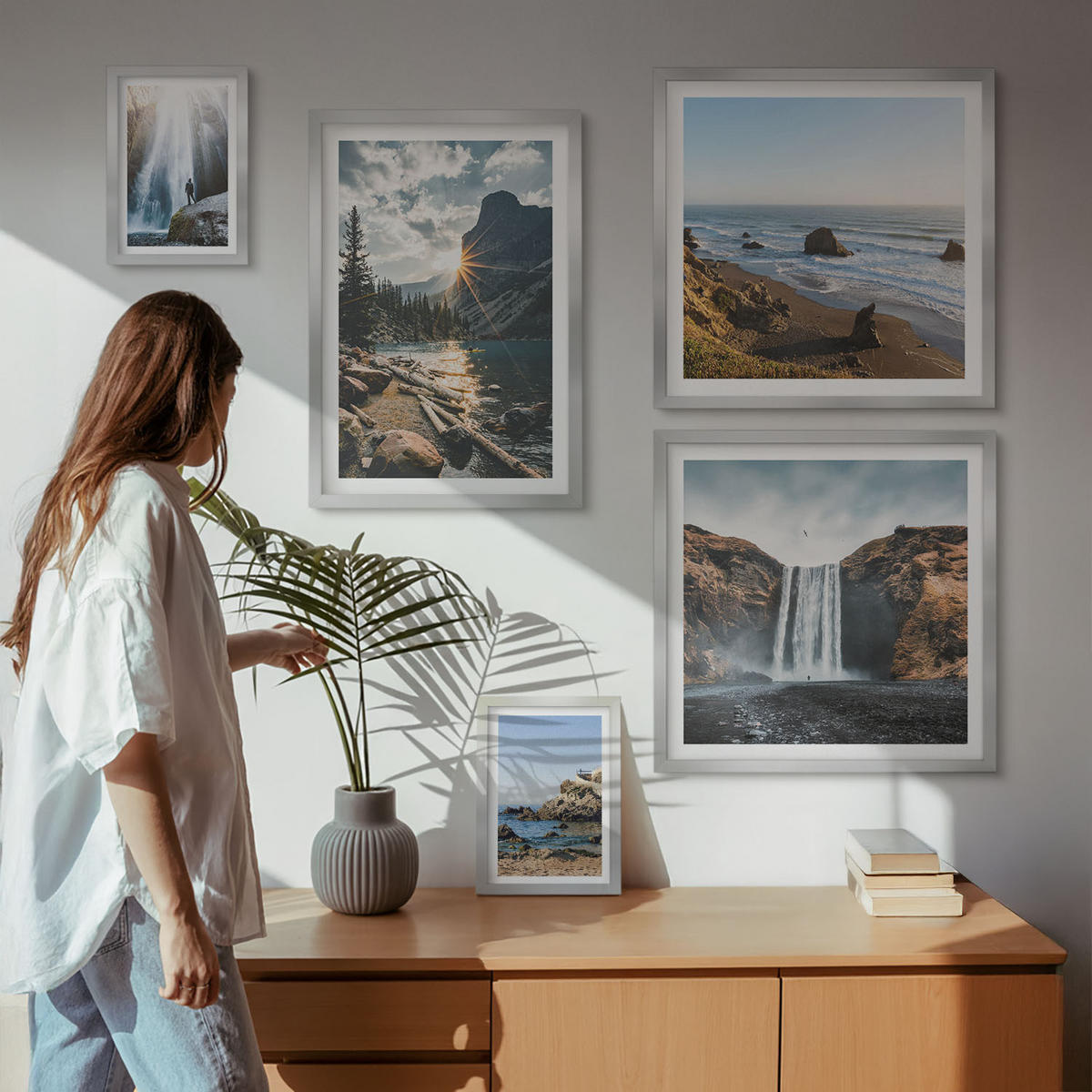 WANDBILDER 5er Set - 50x50 cm & 20x30 cm & 40x60 cm Silberner Rahmen - Zitronengarten mit Getränken - Silberfarben, Kunststoff (40/60cm) - ArtPrintCave