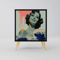 SIDEBOARD KANAGAWA BEAUTY, Schwarz, 57,5x42x75,5 cm, Goldfarbene Metallfüße - Goldfarben/Multicolor, Holzwerkstoff/Metall (57.5/75.5/42cm) - SpaceRebels