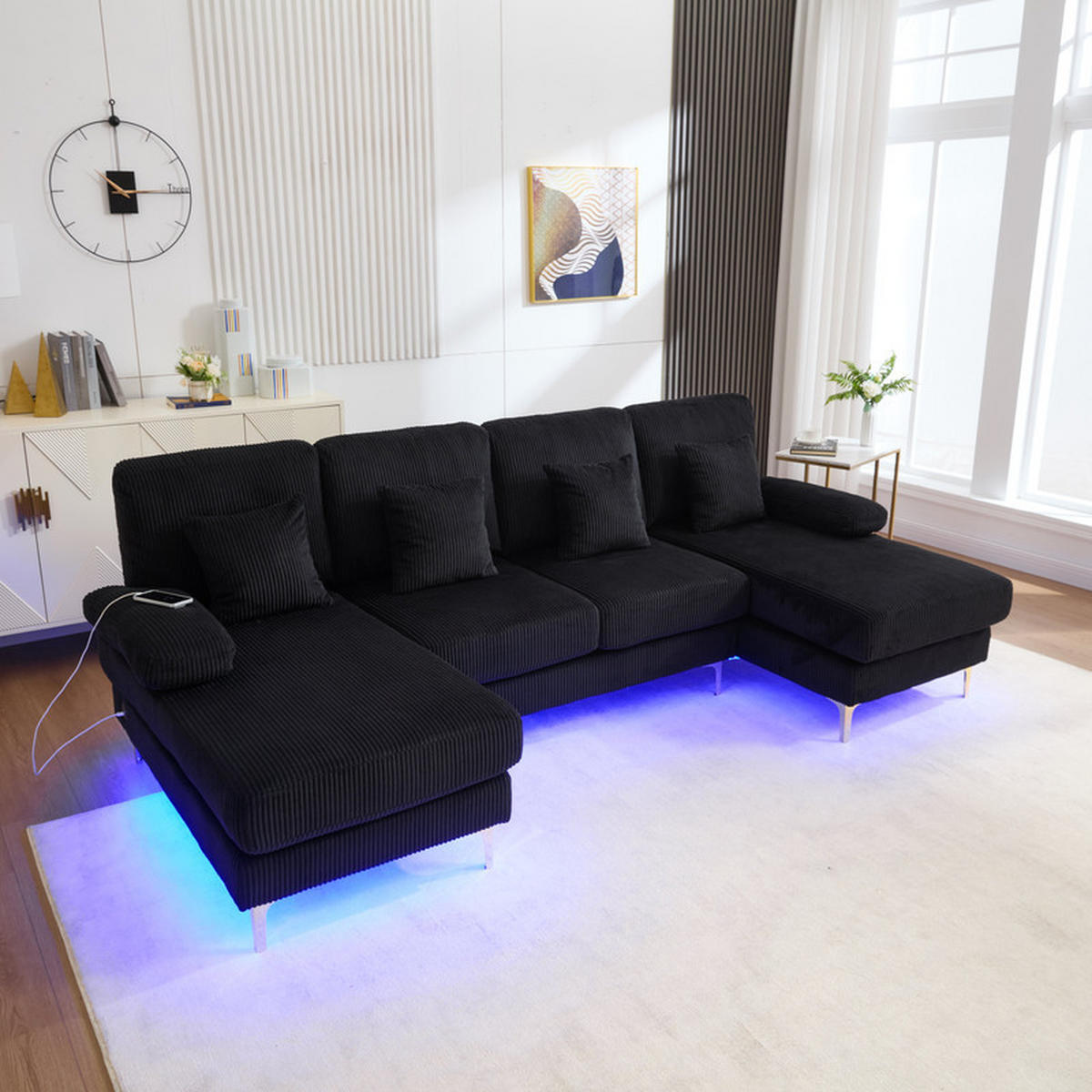 WOHNLANDSCHAFT 265/135/88 cm Schwarz mit LED Ambientebeleuchtung und der USB-C-Port - Schwarz, Textil (265/88/135cm) - Oxeza