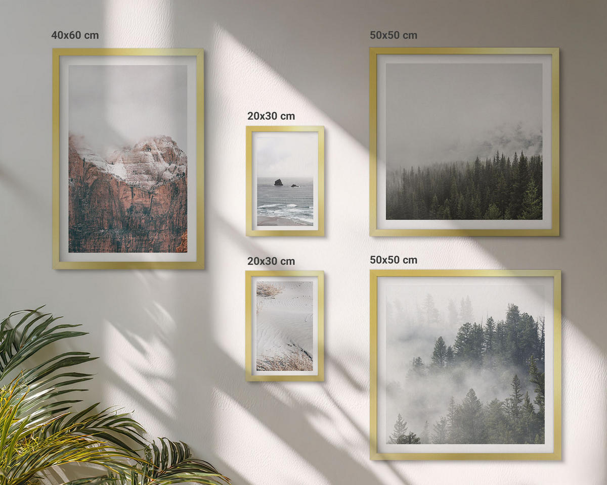 WANDBILDER 5er Set - 50x50 cm & 20x30 cm & 40x60 cm Goldrahmen - Abstrakte Wellen, graue Pastellfarben - Goldfarben, Kunststoff (40/60cm) - ArtPrintCave