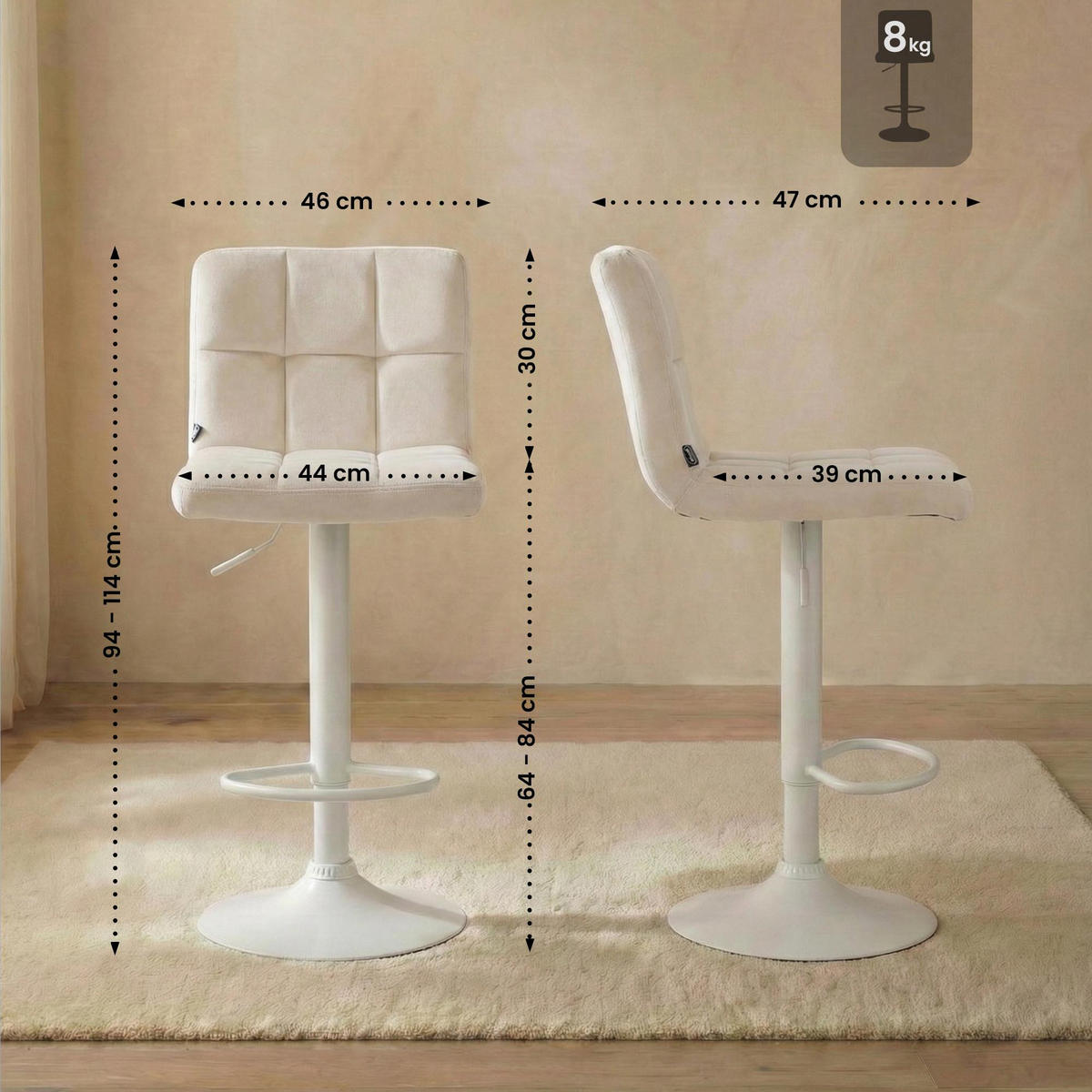 BARHOCKER Samt creme - Creme/Weiß, Textil/Metall (46/94/47cm) - CLP