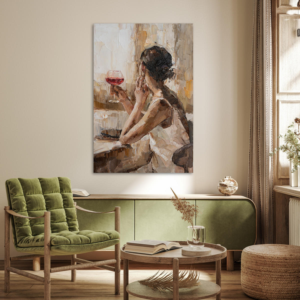 POSTER Ölgemälde - Frau - Wein 80x120 cm - Hellbraun, Papier (80/120/0.1cm) - MuchoWow