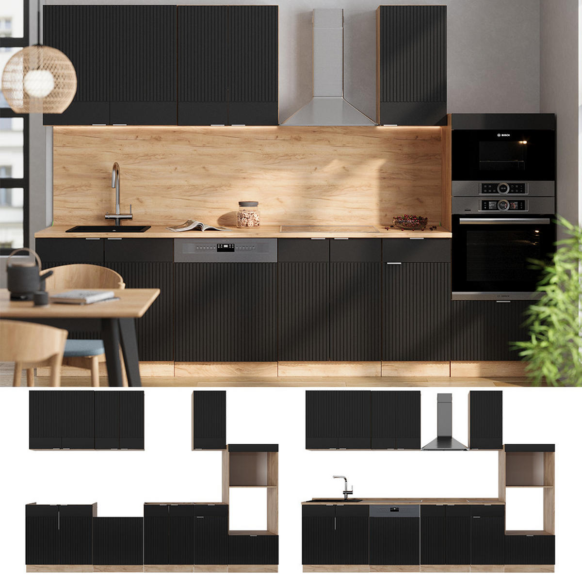 KÜCHENZEILE Fame-Line, Schwarz gestreift/Goldkraft Eiche, 300 cm mit Hochschrank, AP Anthrazit - Honigeiche/Schwarz, Holzwerkstoff (300/81.6/60cm) - Vicco