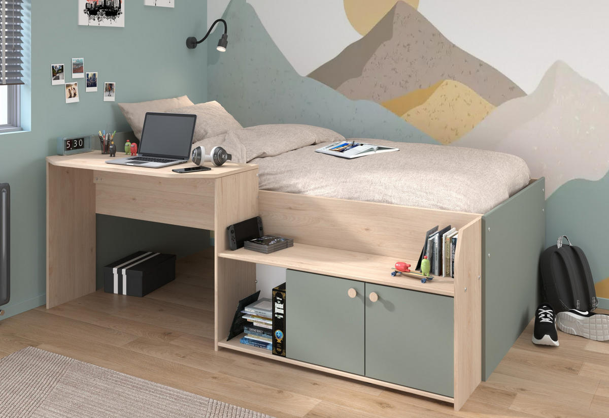 HOCHBETT Eiche, grün, Stauraum-Bett für Kinder- und Jugendzimmer - Salbeigrün/Eichefarben, Holzwerkstoff (90/200cm) - Parisot Meuble