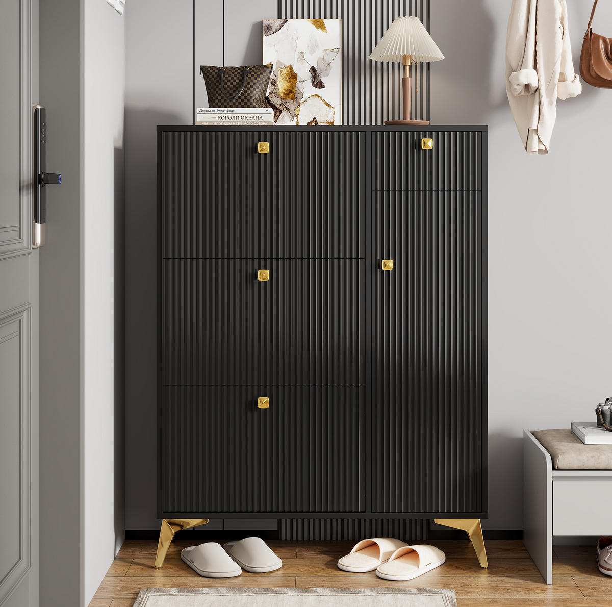 SCHUHSCHRANK mit 3 Klappen, 1 Schublade und 1 Tür 90 x 25 x 121 cm Schwarz - Schwarz, Holzwerkstoff (25/121/90cm) - Beauniv