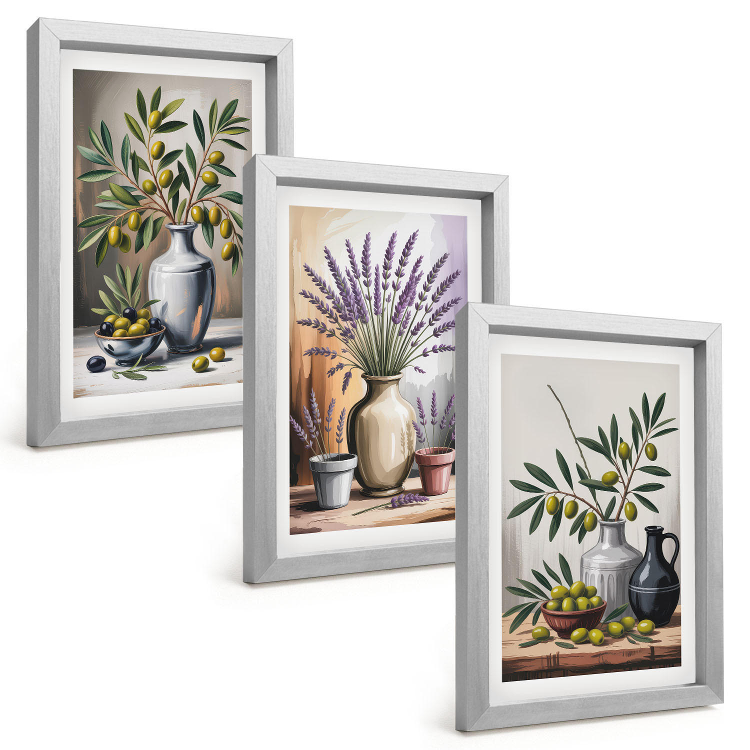 BILDER SET 3er Set - 20x30 cm Silberner Rahmen - Olivenblüten in Vasen im Hintergrund - Silberfarben, Kunststoff (20/30cm) - TULUP