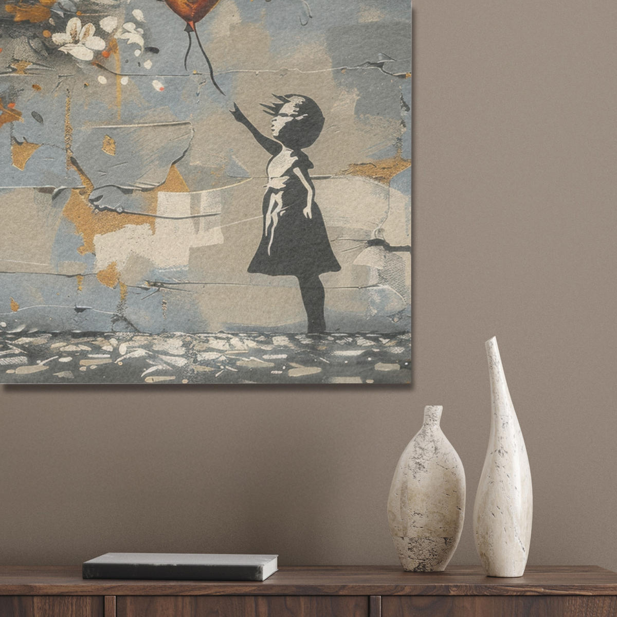 AKUSTIKPANEEL Baum - Graffiti - Banksy-Stil - Ballon-Mädchen 80x60 cm - Blaugrau, Textil (80/0.9/60cm) - MuchoWow