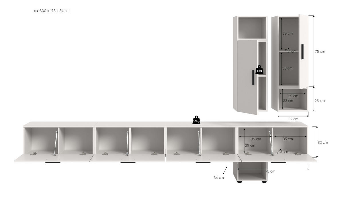 WOHNWAND weiß 300 cm, Wohnkombination hängend / stehend - Schwarz/Weiß, Holzwerkstoff/Kunststoff (300/178/34cm) - Inn.Furn