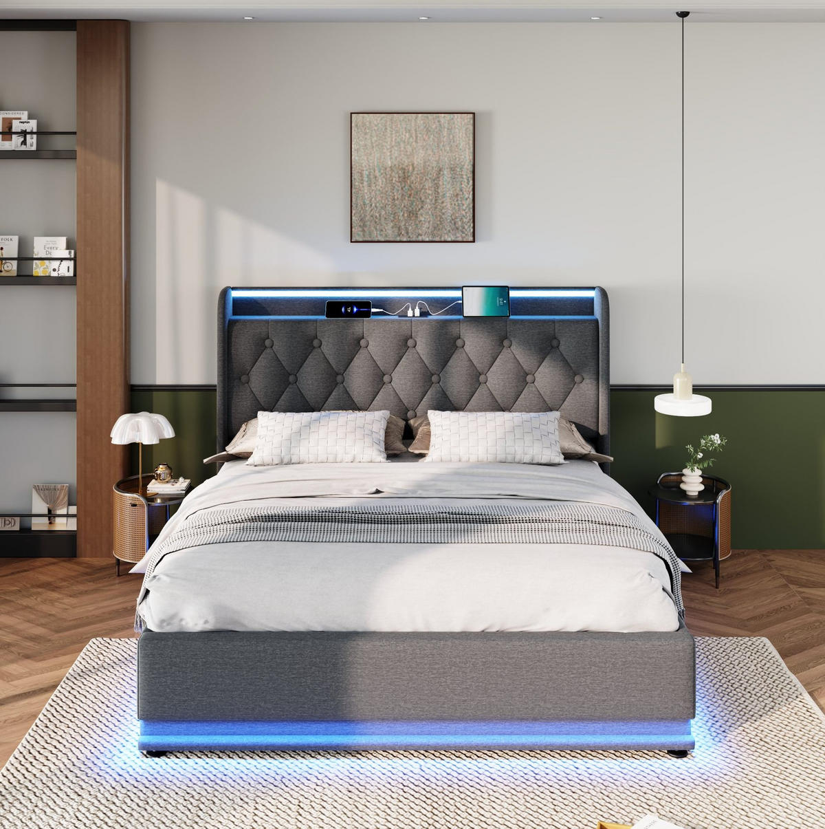 POLSTERBETT 140/200 cm mit LED-Beleuchtung, USB- und USB-C-Anschluss, hydraulischem Bettkasten und Kopfteilablagen, Grau - Grau, Textil (140/200cm) - Redom