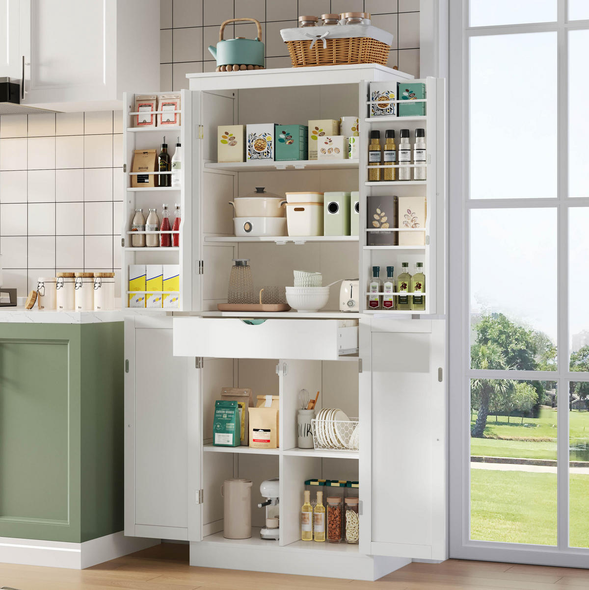 BUFFETSCHRANK 75/40/182 cm mit Innenschublade, Türablagen und vielseitigem Stauraum, Weiß - Weiß, Holzwerkstoff (75/180/40cm) - Redom