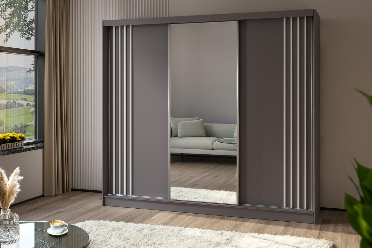 SCHWEBETÜRENSCHRANK Neli 240 cm mit Lamellen und Spiegel 3-türig, grau, grau, Lamelle weiß - Weiß/Grau, Kunststoff (240/216/61cm) - Margaret Hadas24