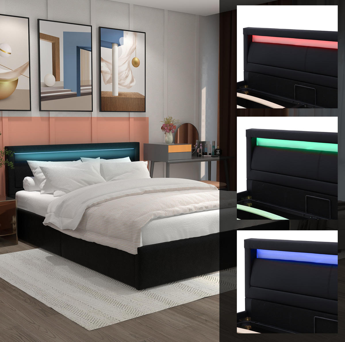 POLSTERBETT 140/190 cm Schwarz aus PU mit LED-Beleuchtung - Schwarz, Kunststoff (140/190cm) - OKMYHOME