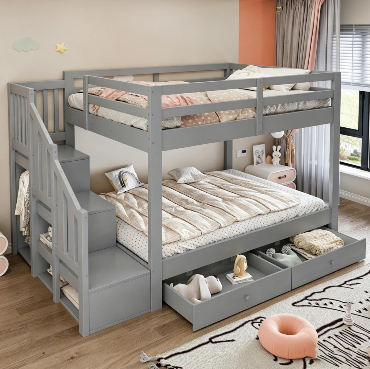 ETAGENBETT aus Kiefernholz 140x200 cm Grau mit Stauraumtreppe und 2 Schubladen - Grau, Holz (140/200cm) - Modfu