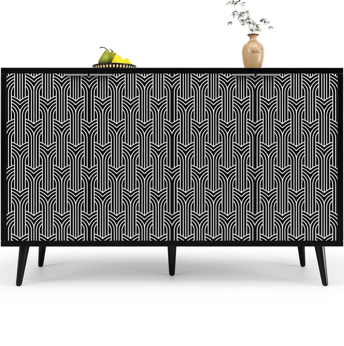 SIDEBOARD 120/35/78 cm mit 2 Türen, Metallbeinen und geometrischer Front - Schwarz, Holzwerkstoff (120/78/35cm) - BEAOK