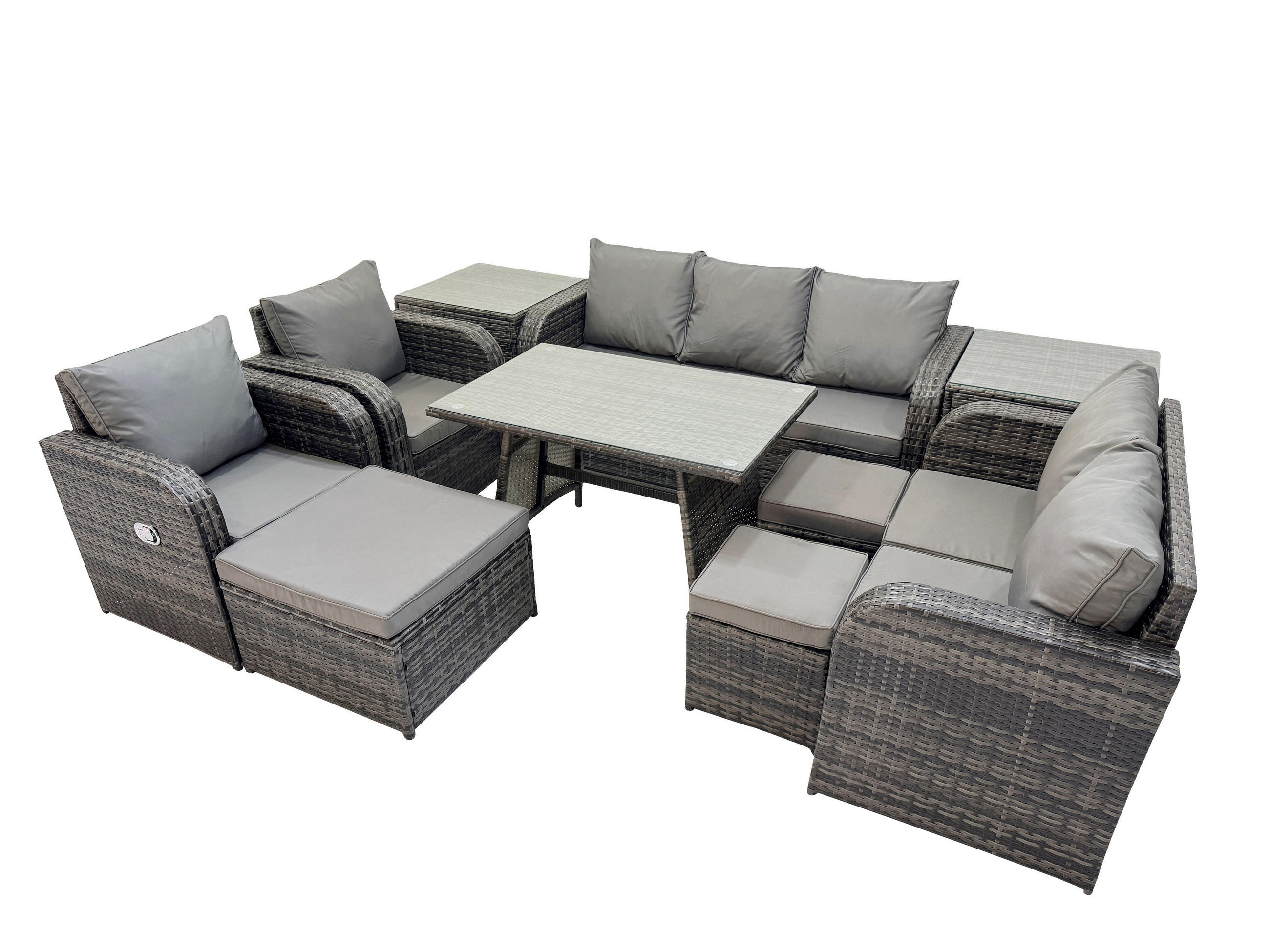 GARTENMÖBEL SET Polyrattan Dunkelgrau 10-Sitzer - Dunkelgrau/Grau, Glas/Kunststoff - Fimous