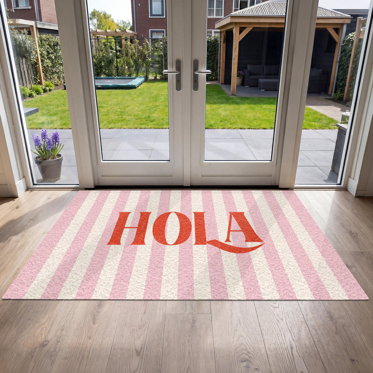 FUSSMATTE Hola - Zitat - Streifen - Pastell - Rosa - Rot - Weiß Schmutzfangmatte 180x120 cm - Rosa, Kunststoff (180/120cm) - MuchoWow