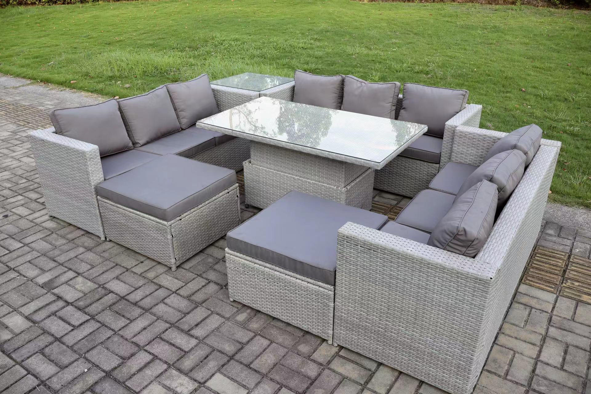GARTENMÖBEL SET mit höhenverstellbarer Tisch Polyrattan Helles Grau 11-Sitzer - Hellgrau, Metall - Fimous