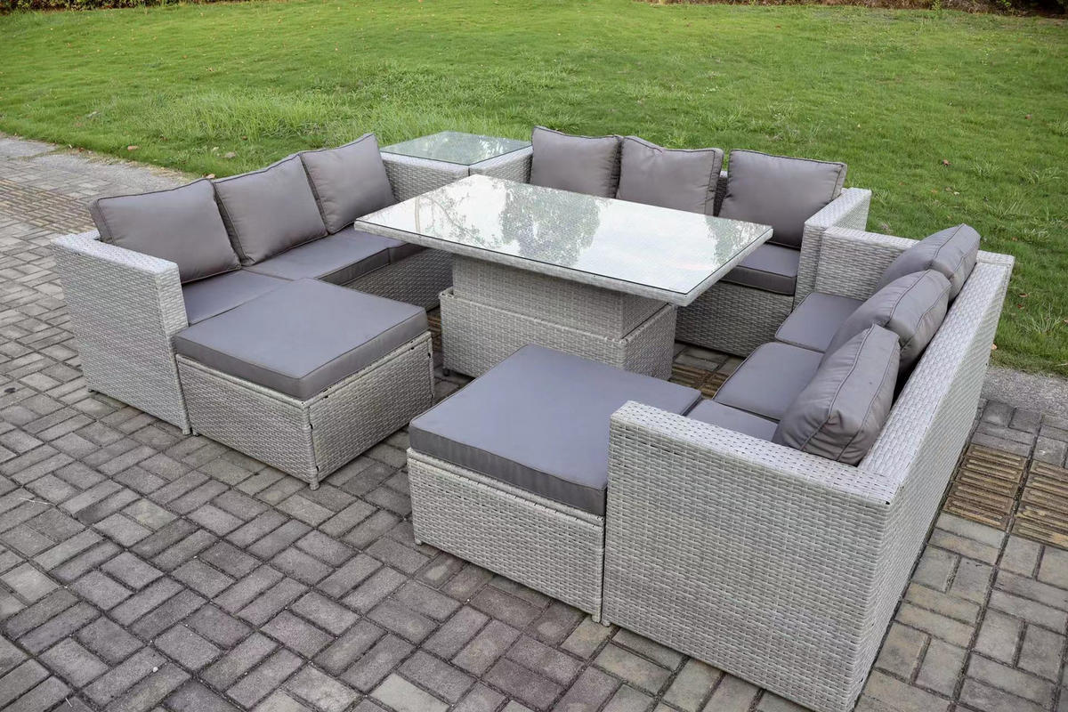 GARTENMÖBEL SET mit höhenverstellbarer Tisch Polyrattan Helles Grau 11-Sitzer - Hellgrau, Metall - Fimous