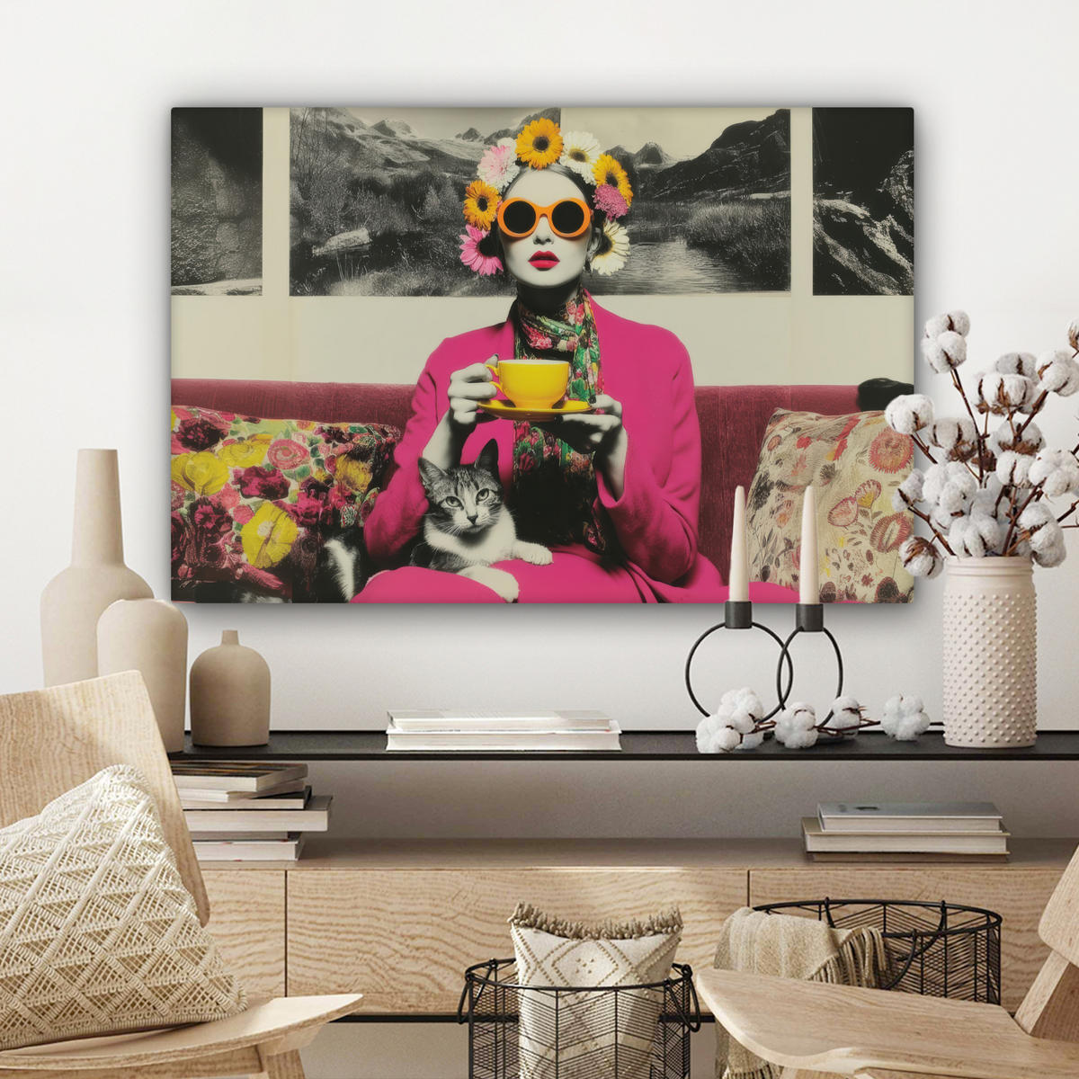 LEINWANDBILD Frau - Katze - Blumen - Tasse - Retro Wanddeko 90x60 cm - Magenta, Textil (90/60cm) - MuchoWow