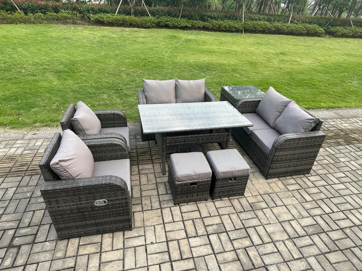 GARTENSET mit Zweisitzer,Esstisch,Beistelltisch Polyrattan 8-Sitzer - Dunkelgrau/Grau, Glas/Kunststoff - Fimous