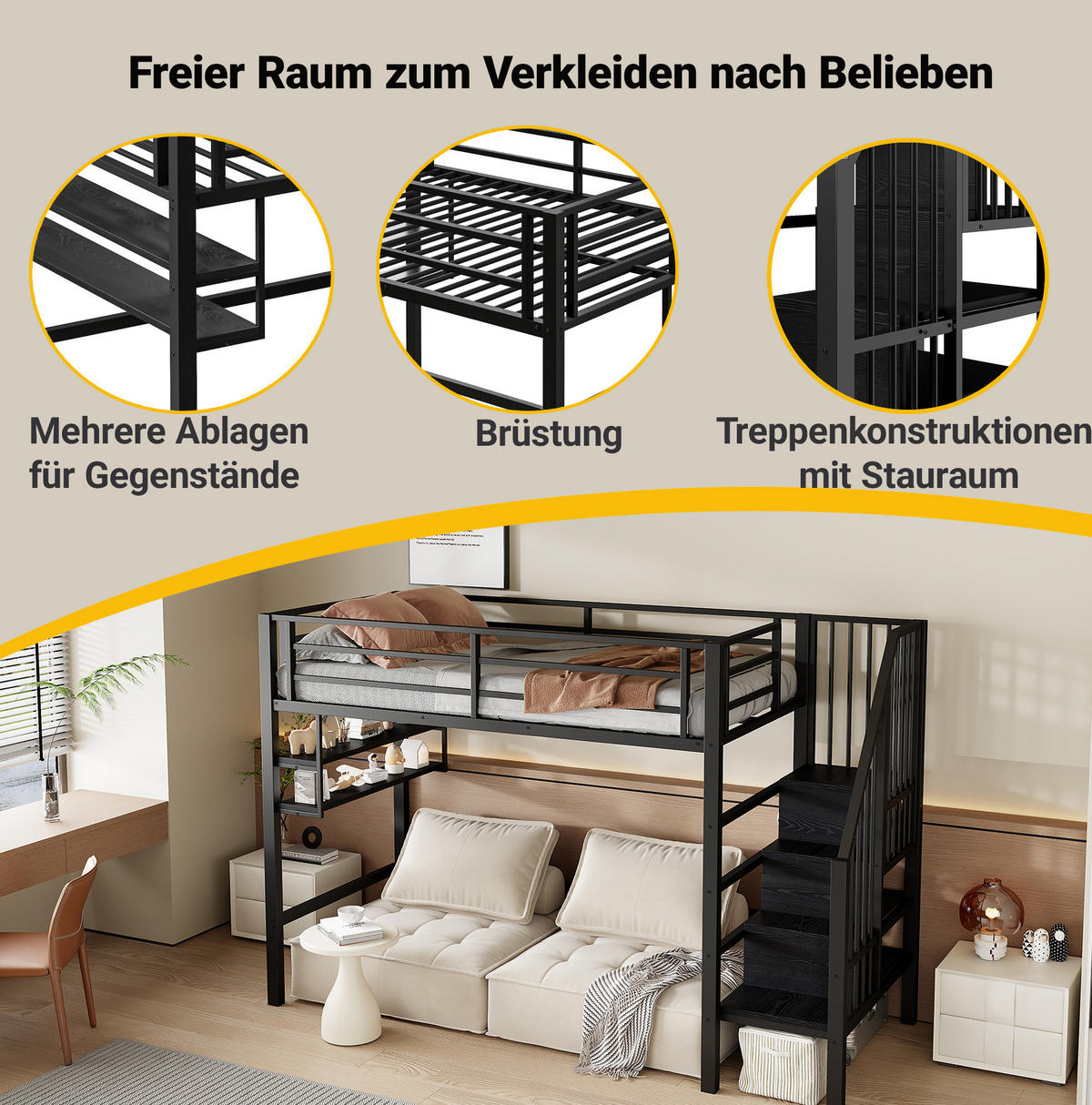 HOCHBETT 90/200 cm Schwarz mit Stauraumleiter und Regalen - Schwarz, Metall (90/200cm) - Flora Grace