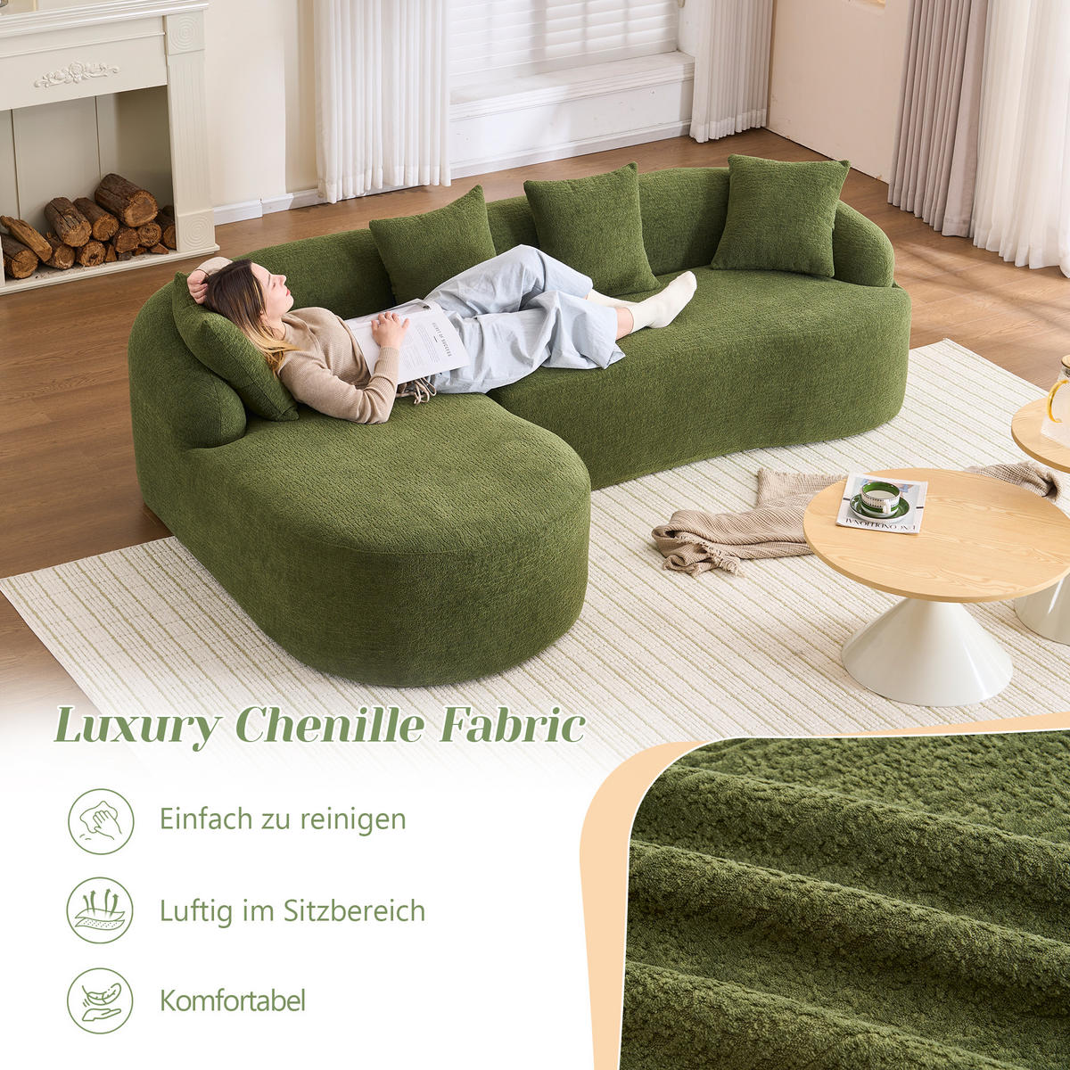 ECKSOFA Chenille Grün Montagefrei - Grün, Textil (243/150cm) - WISHDOR