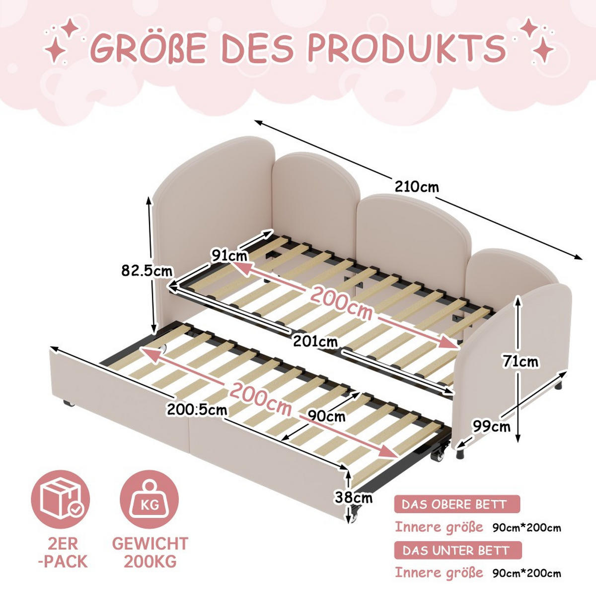 EINZEBETT 90x200cm mit Schublade in Rosa - Rosa, Textil (90/200cm) - KOMHTOM