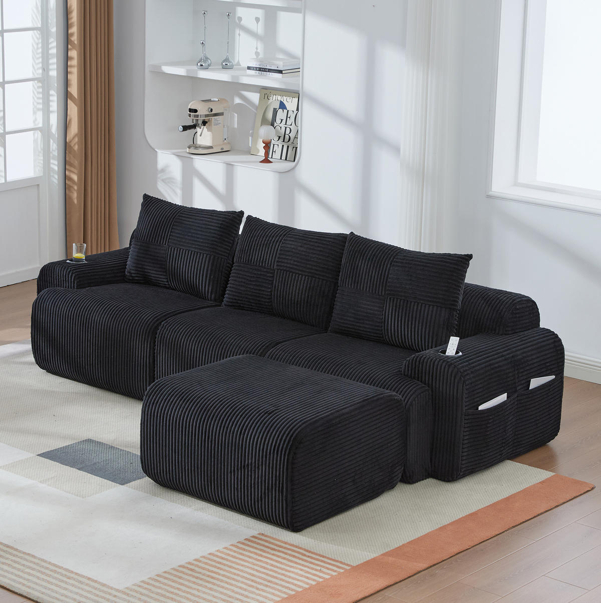SOFA modular 268 x 174 cm Cord Schwarz mit Cupholder - Schwarz, Kunststoff (174/268cm) - Meubliv