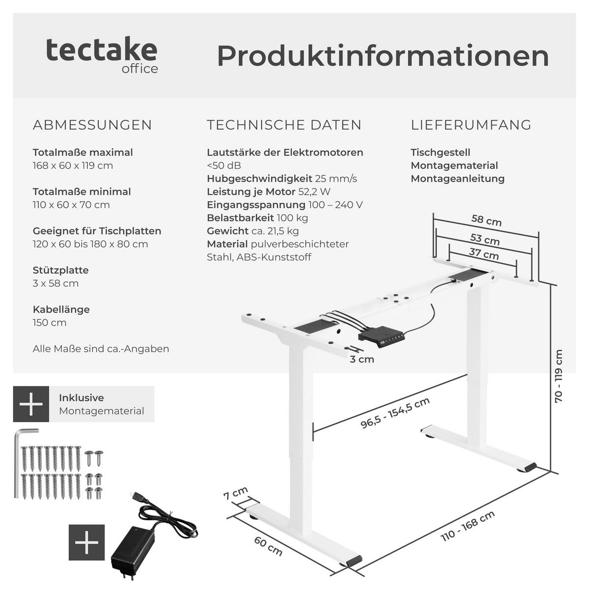TISCHGESTELL Melville,110 - 168 x 60 x 70 - 119 cm,weiß - Weiß, Textil (60/168/119cm) - tectake