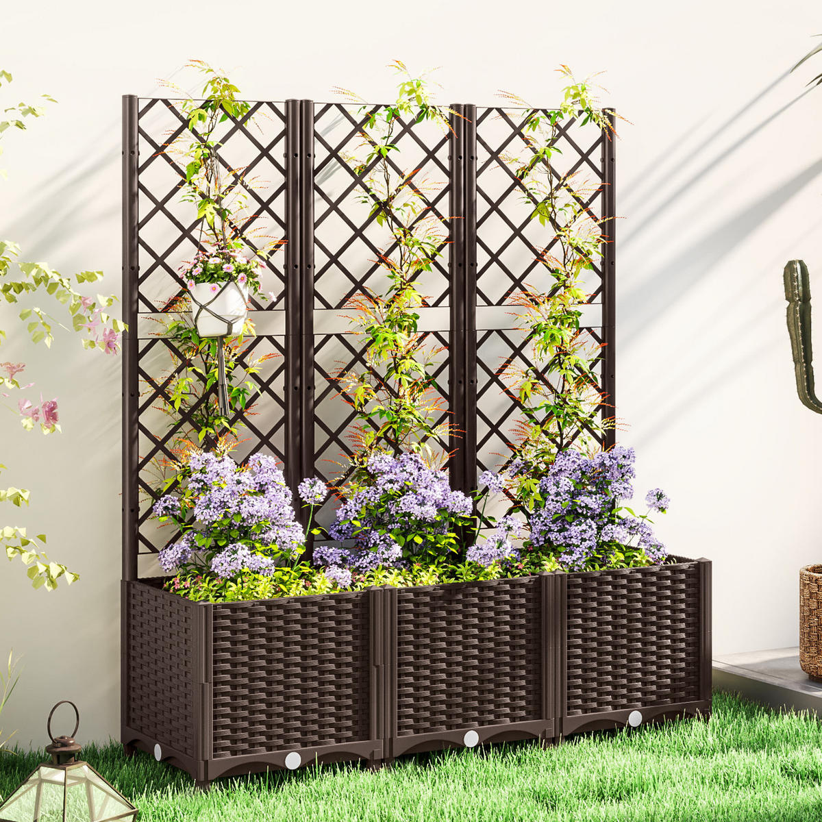 HOCHBEET DE-12208 mit Rankgitter 120/40/135 cm mit 8 Drainagelöchern Braun - Braun, Kunststoff (120/135/40cm) - ComfortXL