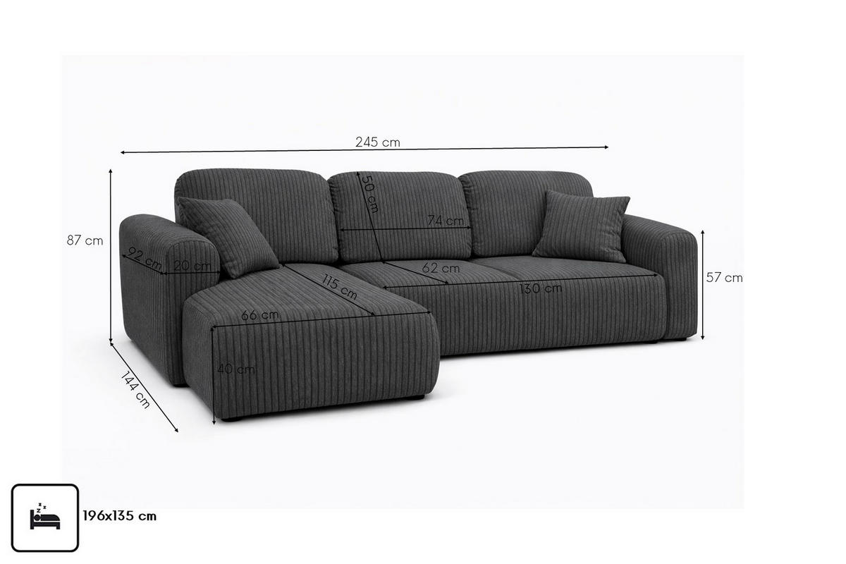 ECKSOFA Mit Schlaffunktion Und Bettkasten, Sofa L-Form Bingo L, Cordstoff Poso, Grau, Links - Grau, Holz (245/144cm) - Kaiser Möbel