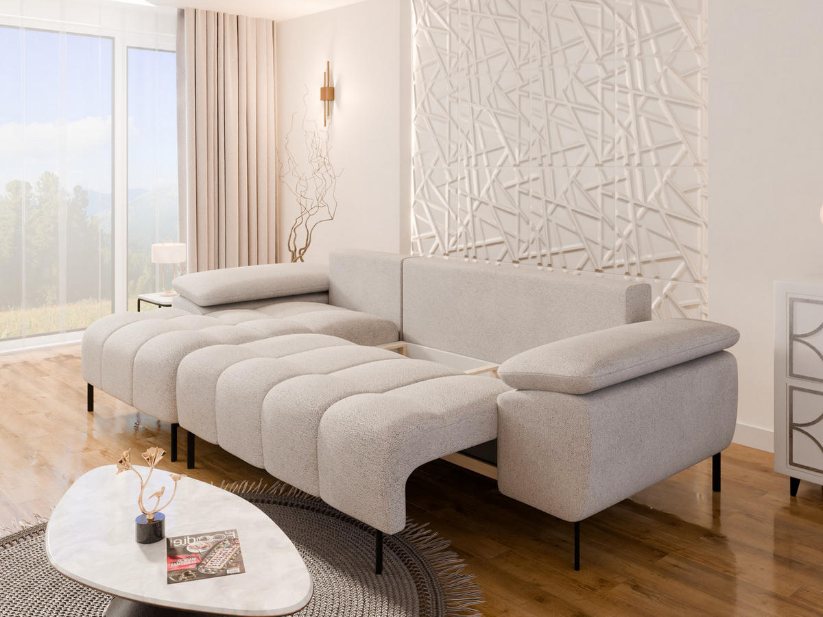 ECKSCHLAFSOFA 4-Sitzer DOLUS – Modernes Ecksofa mit Schlaffunktion Links montierbar , Creme - Creme, Holz (141/277cm) - Panda Möbel