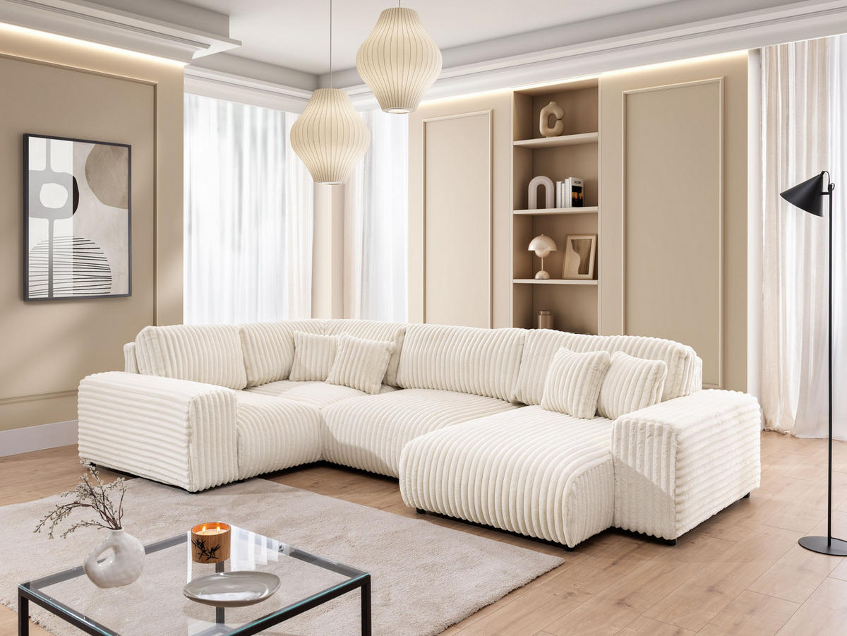 WOHNLANDSCHAFT Mollis Hellbeige Plüschcord im XXL-Format - Ottomane Rechts - Beige/Schwarz, Holz/Kunststoff (316/77/194cm) - S-Style Möbel