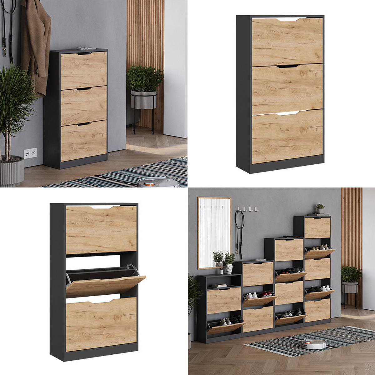 SCHUHKIPPER Luca Anthrazit/Goldkraft Eiche 59 x 105 cm mit 3 Fächern - Anthrazit/Eiche Wotan, Holzwerkstoff (59/105/22cm) - Vicco