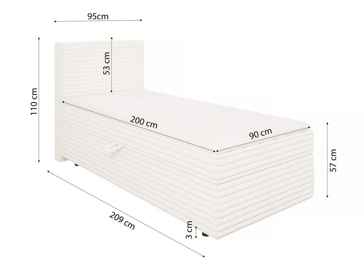 BOXBETT Roma 90/200 cm Hellbeige Plüschcord - Beige/Schwarz, Holz/Kunststoff (90/200cm) - S-Style Möbel
