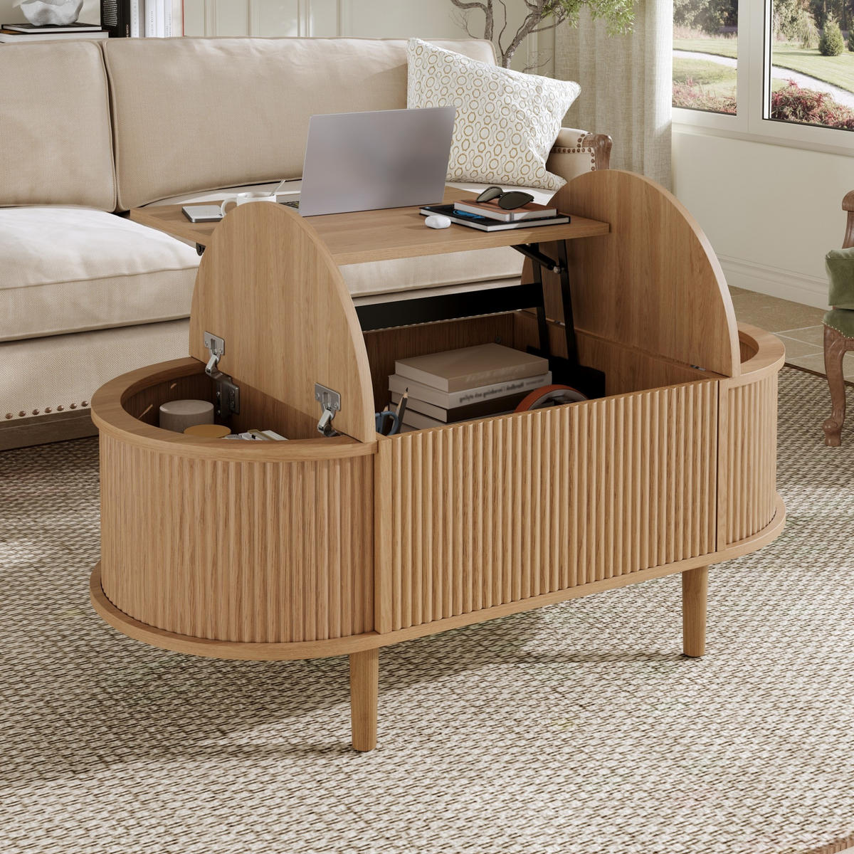 KONFERENČNÍ stolek 100/48/53,5 cm dubový z MDF s úložným prostorem a zvedací deskou - barva dubu, kompozitní dřevo (100/48/53.5cm) - OKWISH